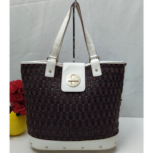 Kate Spade New York Brown Woven White Leather Turnlock Tote Bag